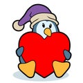 Cartoon penguin holding a heart