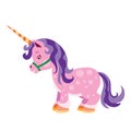 cartoon illustration, pink unicorn with a big horn and a purple mane, isolated object on a white background, vector Royalty Free Stock Photo