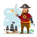 Cartoon illustration. pirate adventure with old ship