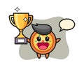 Cartoon illustration of pizza is happy holding up the golden trophy