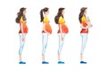 Cartoon illustration of pregnancy stages. Side view image of pregnant woman showing changes in her body Royalty Free Stock Photo