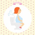 Cartoon illustration of a pregnant woman produces gases sitting on the toilet. series pregnancy Royalty Free Stock Photo