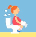Cartoon illustration of a pregnant woman produces gases sitting on the toilet. series pregnancy Royalty Free Stock Photo