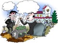 Cartoon illustration of a priest buried a coffin with a lot of mone