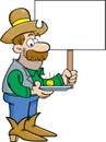 Cartoon prospector with a gold nugget holdling a sign.