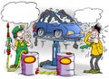Cartoon illustration of a proud mechanic who has given a new car too much rust protection