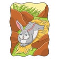 cartoon illustration the rabbit is lying on the hay under the cliff to enjoy the sunshine