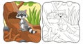 Cartoon illustration raccoon standing on a big tree book