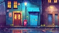 Cartoon illustration of rain on a city alley back street. Images of ghetto apartment with trash and door, empty alleyway Royalty Free Stock Photo