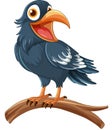 A cartoon illustration of a raven standing on a tree branch and smiling, isolated on a white background