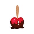 Cartoon illustration of red apple on wooden stick dipped with chocolate. Tasty fruit dessert. Design element for recipe Royalty Free Stock Photo