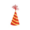 Red cone hat with yellow stripes. Colorful accessory for Birthday party. Bright vector icon in flat style. Graphic Royalty Free Stock Photo