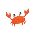 Cartoon illustration of red smiling crab. Funny sea animal with big claws. Adorable marine creature. Colorful flat