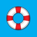 Cartoon illustration of a red and white beach lifebuoy, on a blue background