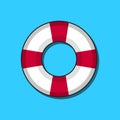 Cartoon illustration of a red and white beach lifebuoy, on a blue background.