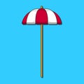 Cartoon illustration of a red and white beach umbrella, on a blue background. Royalty Free Stock Photo