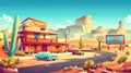 Cartoon illustration of retro motel with car park and cafe in desert. Modern illustration of a desert landscape with