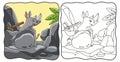 Cartoon illustration rhino sitting on a rock book
