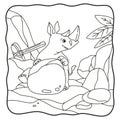 Cartoon illustration rhino sitting on a rock book or page for kids