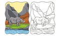 Cartoon illustration Rhino walking by the river in the middle of the forest under a high rock cliff book or page