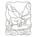 Cartoon illustration Rhino walking by the river in the middle of the forest under a high rock cliff book or page for kids black