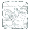 Cartoon illustration the rooster crows on the tree trunk book or page for kids Royalty Free Stock Photo