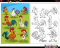 Cartoon roosters birds farm animal characters coloring page Royalty Free Stock Photo