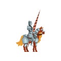 Cartoon Flatvector Icon Of Royal Knight On Horseback With Lance In Hand. Brave Warrior Wearing Shiny Iron Armor