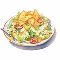 Watercolour Painting Of Nacho Salad With Chips And Vegetables