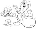 Cartoon Santa Clausr with sack of presents and a boy coloring page Royalty Free Stock Photo
