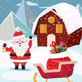 Cartoon illustration with Santa Claus holding a bell, next to the cabin and sled filled with gift boxes.Christmas Royalty Free Stock Photo