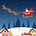 Cartoon illustration of Santa Claus sitting and flying in the sled at night. Magical Christmas night illustration. Royalty Free Stock Photo