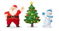 Cartoon illustration of Santa Claus, snowman and decorated Christmas tree Royalty Free Stock Photo