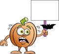 Cartoon scared pumpkin starring at a bat while holding a sign.