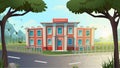 cartoon illustration. School building on a green lawn and road between trees. Educalion and learning. Royalty Free Stock Photo