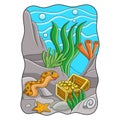 Cartoon illustration sea eels guard the treasure filled with gold