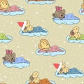 A cartoon illustration of seamless pattern hand drawing of a sleeping babies. Suitable for interior design baby room or bed linen.