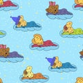 A cartoon illustration of seamless pattern hand drawing of a smiling sleeping babies. Suitable for interior design baby room or be