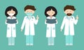 Cartoon illustration of set doctors characters. Man and woman stand in white coat and protective masks on face, isolated on green Royalty Free Stock Photo