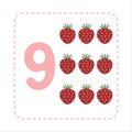 Cartoon Set of Fruit Flashcards with Numbers. Number nine with strawberry Royalty Free Stock Photo