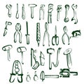 Cartoon illustration of set of handle tools