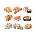 Set of sushi isolated on white background.