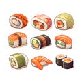 Set of sushi isolated on white background.