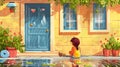 This cartoon illustration showcases a sad little girl sitting at the window looking out onto the street at bad weather Royalty Free Stock Photo