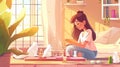 Cartoon illustration showing a girl playing chess in her bedroom with a funny cat. Young woman board game recreation