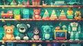 The cartoon illustration shows cute baby toys, soft bears, rabbits, blocks, pyramids, robots, dog robots, and ducks Royalty Free Stock Photo