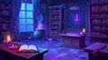 This cartoon illustration shows an empty room with glowing candles, a cauldron, and a magician's wand in a magic