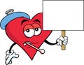 Cartoon sick heart with a thermometer and holding a sign.