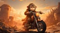 Cartoon illustration of a small monkey riding a motorcycle in the desert.