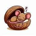 Whimsical cartoon illustration of a small mouse sleeping inside a wallnut shell. Royalty Free Stock Photo